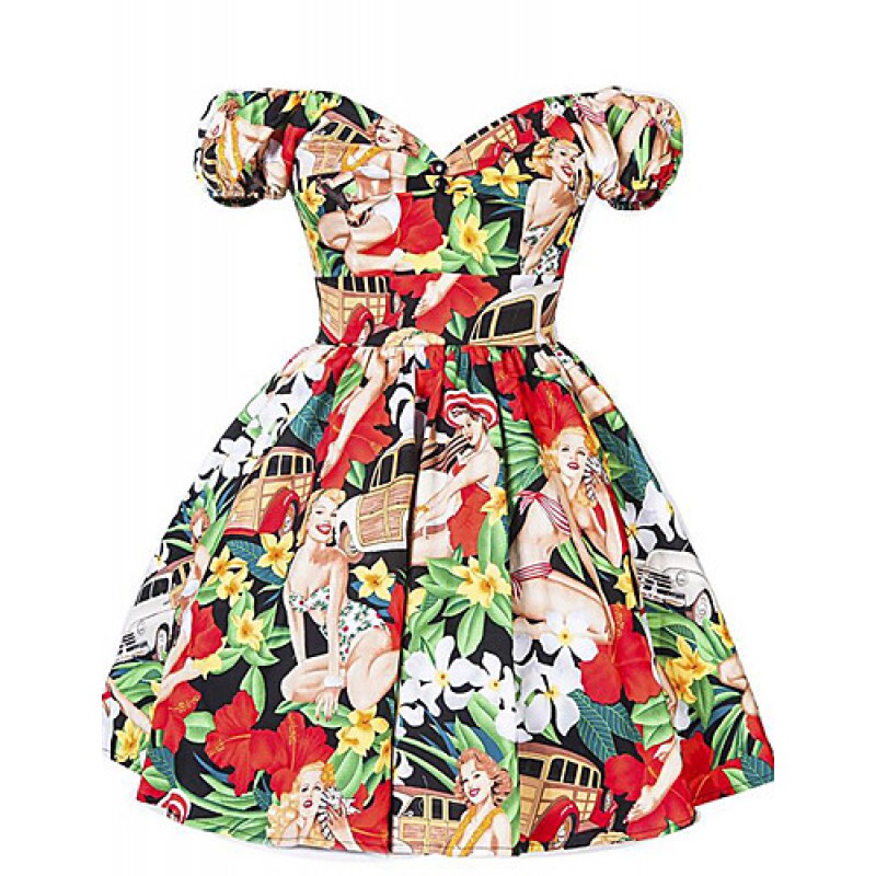 Women's Going out Vintage A Line Dress,Print Square Neck Above Knee Short Sleeve Pink / Red / Black / Green Polyester Summer