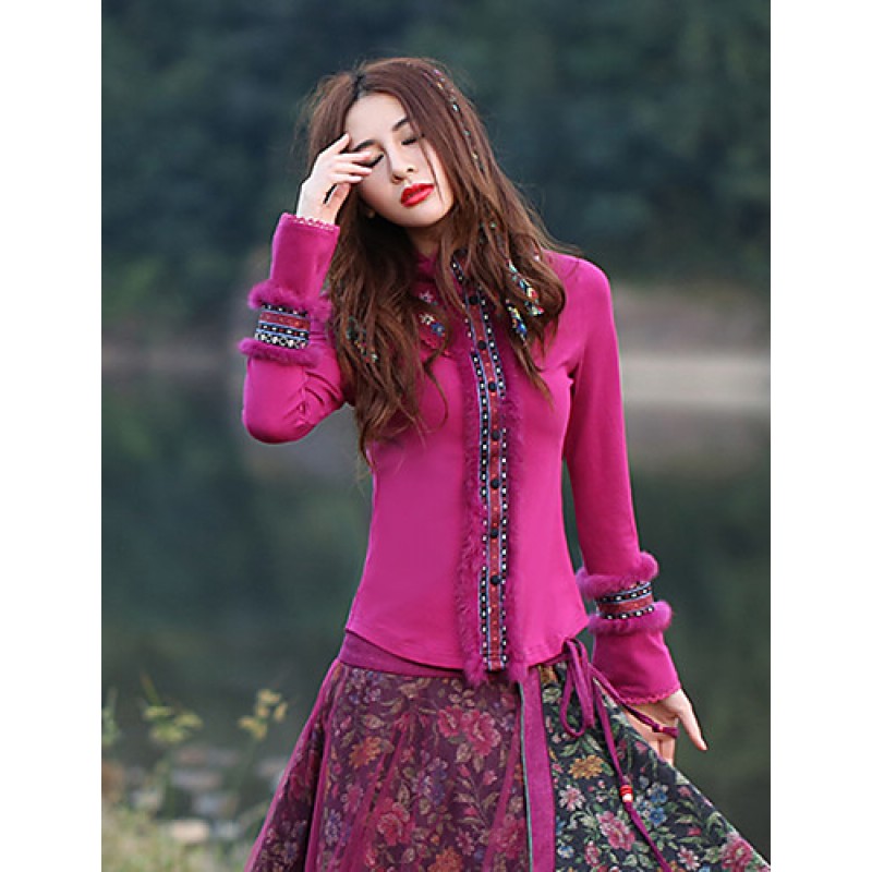 Our Story Going out Vintage Regular PulloverEmbroidered Purple Crew Neck Long Sleeve Cotton / Spandex Spring