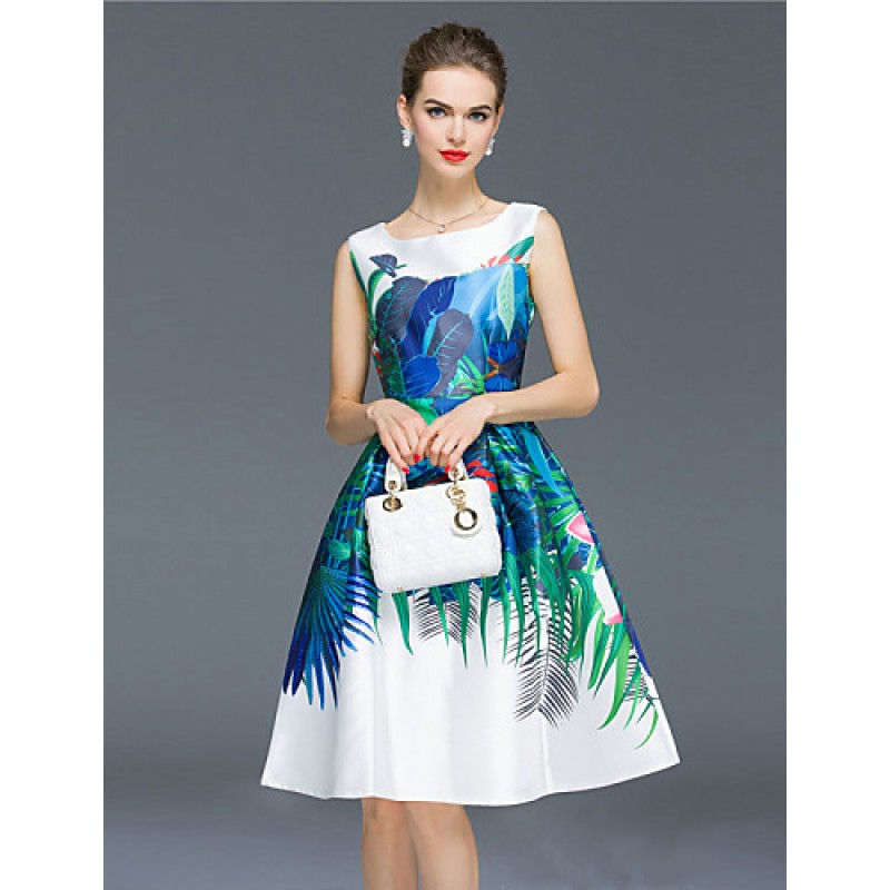 Women's Party/Cocktail Vintage / Boho Sheath / Skater Dress,Print Round Neck Knee-length Sleeveless Blue Polyester All Seasons