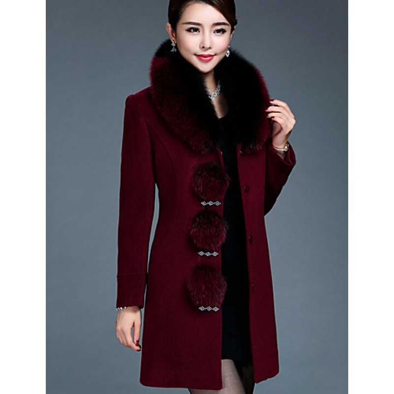 Women's Plus Size / Casual/Daily Simple Coat,Solid Round Neck Long Sleeve Winter Red / Black Wool / Faux Fur Thick