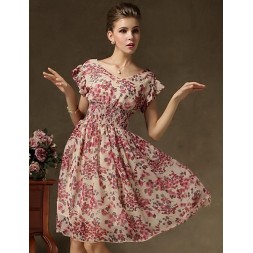 Women's Vintage Short Sleeve Floral Print Chiffon Dress