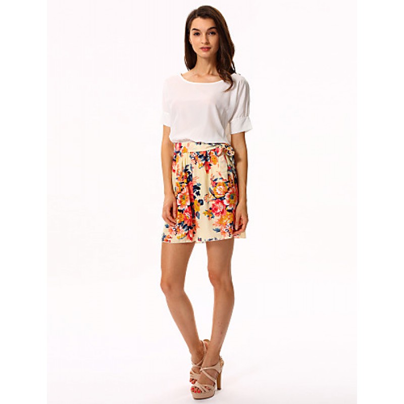 Women's White/Pink Round Flower Print Chiffon Short Sleeve Dress