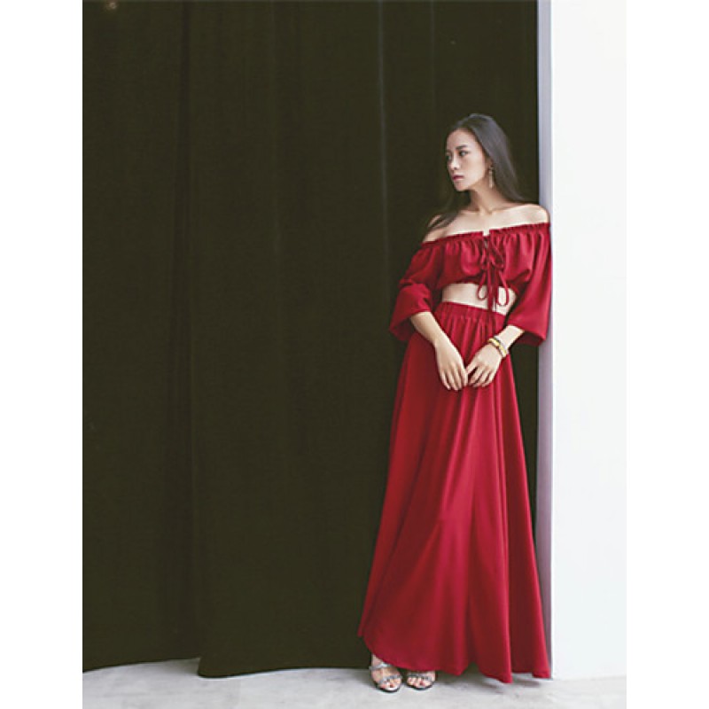 SINCE THENWomen's Solid Red / Black / Yellow Set,Boat Neck Long Sleeve